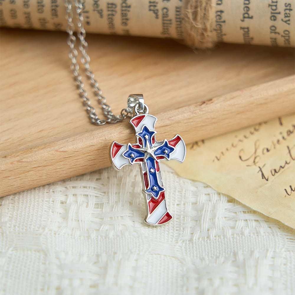 Christianartworkshop Patriotic Double Layer Stars and Stripes Cross Necklace: Independence Day Inspired Faith Jewelry - Stars and Stripes Cross - image 0