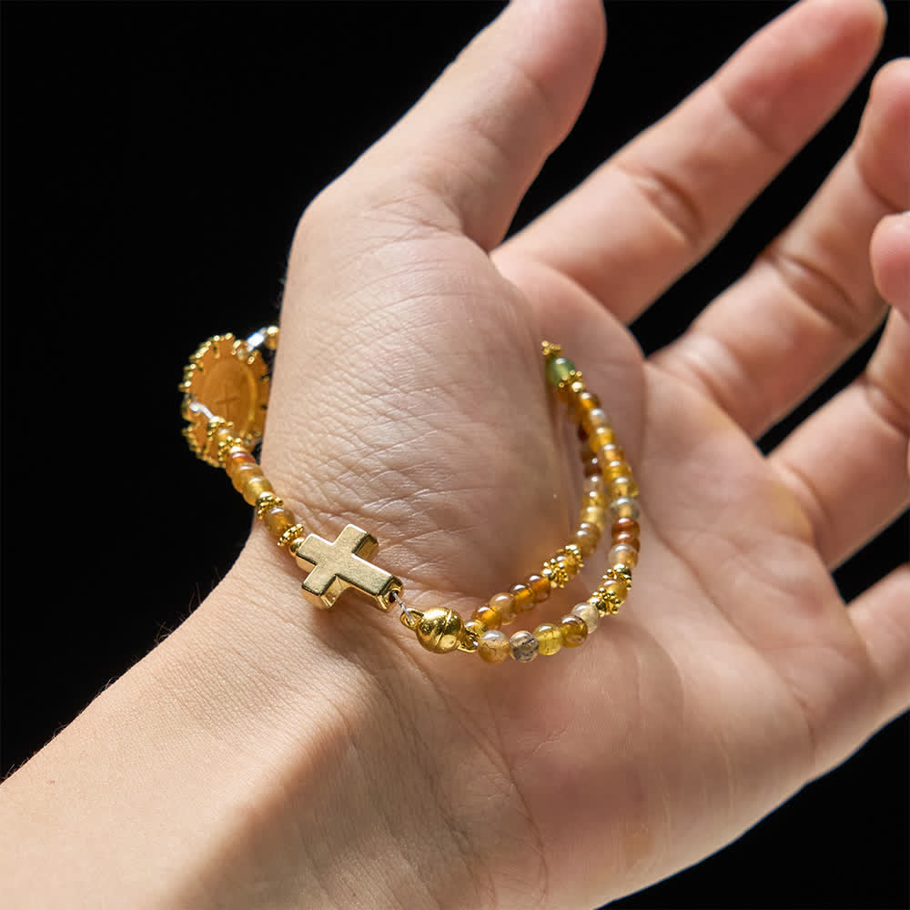 Christianartworkshop Peacock Agate Magnetic Rosary Bracelet with Golden St. Benedict - image 14