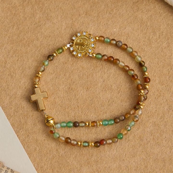 FREE Today: Peacock Agate Magnetic Rosary Bracelet with Golden St. Benedict - Peacock Agate(Wrist Circumference: 7.48"/19cm) - image 0