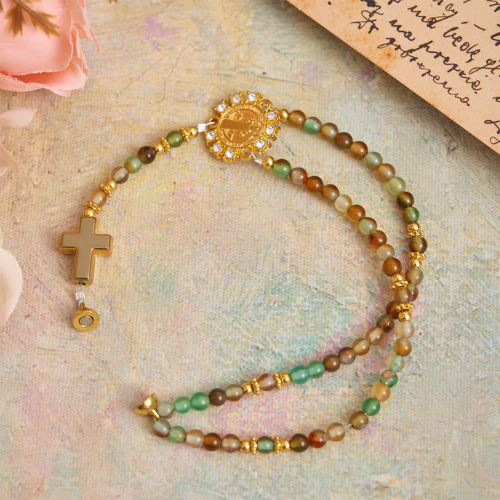 FREE Today: Peacock Agate Magnetic Rosary Bracelet with Golden St. Benedict - Dragon Vein Agate(Wrist Circumference: 7.48"/19cm) - image 2
