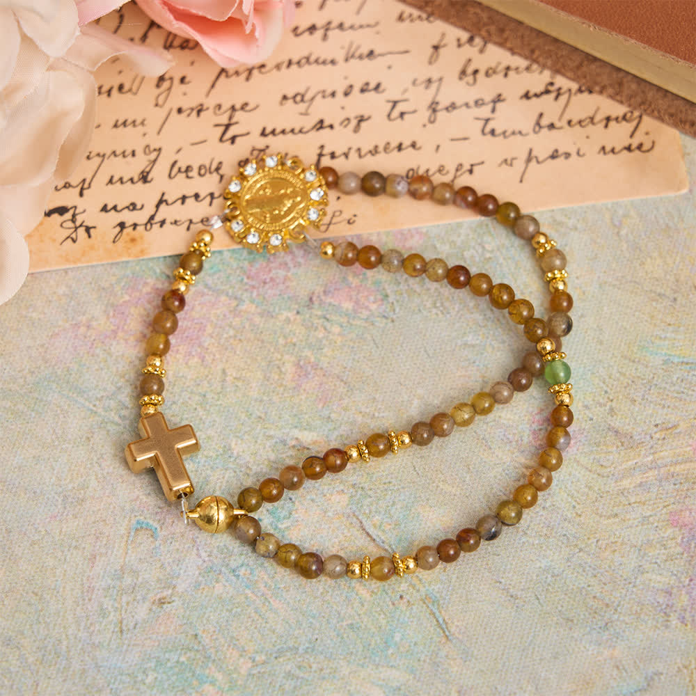 Christianartworkshop Dragon Vein Agate Magnetic Rosary Bracelet with Golden St. Benedict - Dragon Vein Agate(Wrist Circumference: 7.48"/19cm) - image 0