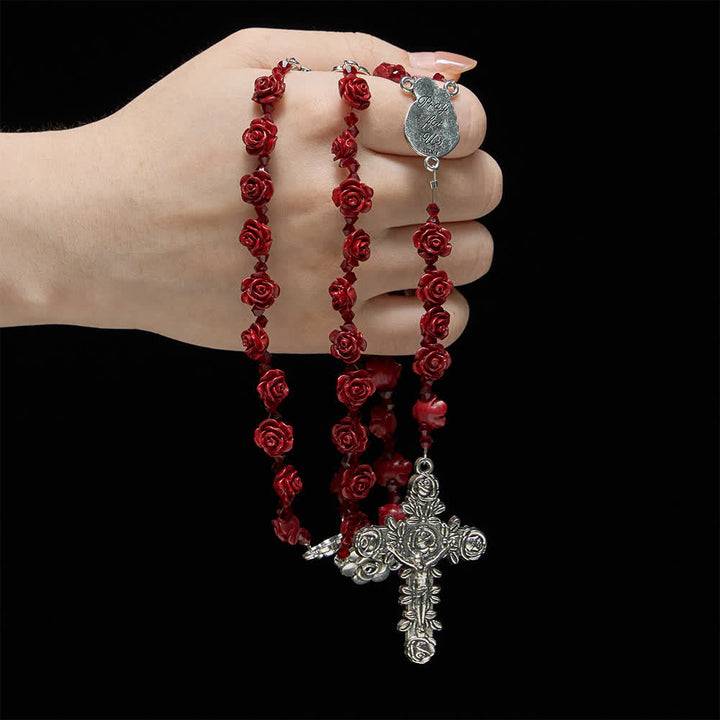 Christianartworkshop Cinnabar Wine Red Rose Beads Rosary with Holy Family Centerpiece - Holy Family & Crucifix - image 0