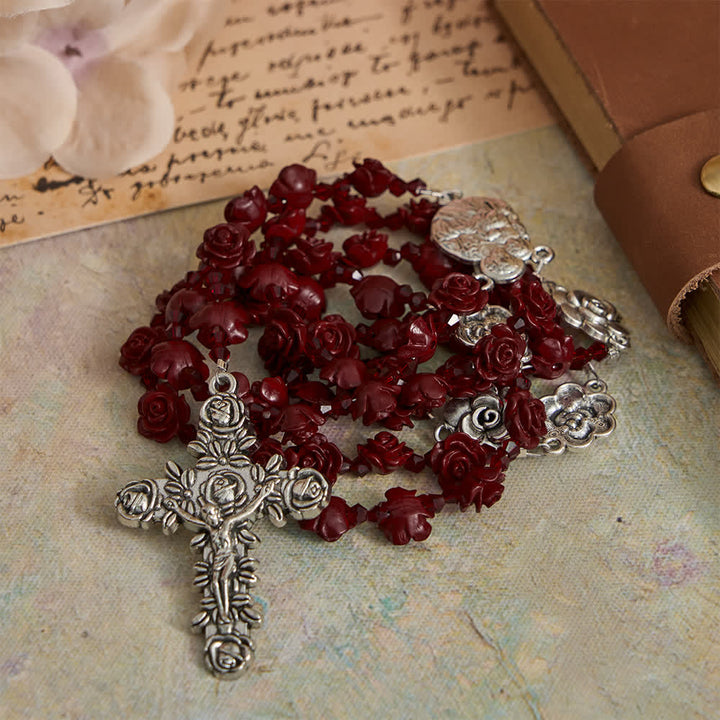 Christianartworkshop Cinnabar Wine Red Rose Beads Rosary with Holy Family Centerpiece - image 4