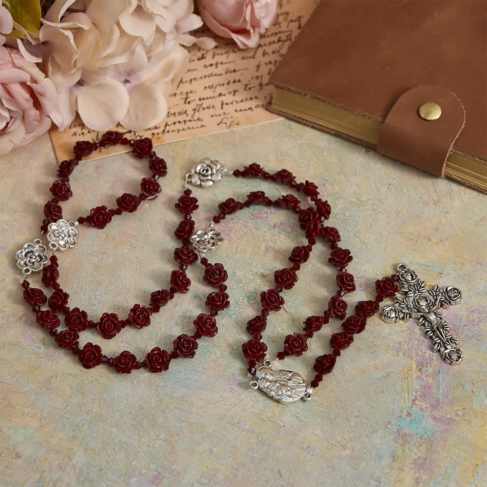 Christianartworkshop Cinnabar Wine Red Rose Beads Rosary with Holy Family Centerpiece - image 2