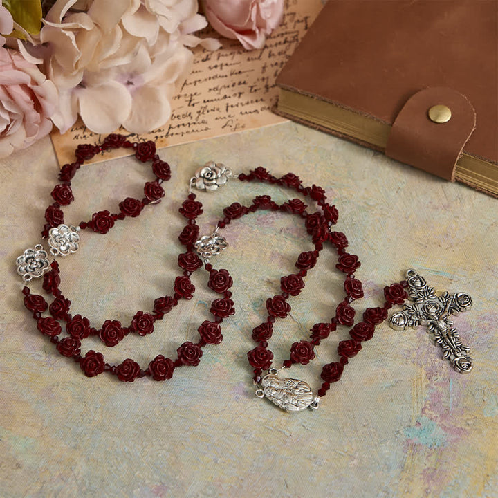 Christianartworkshop Cinnabar Wine Red Rose Beads Rosary with Holy Family Centerpiece - image 2