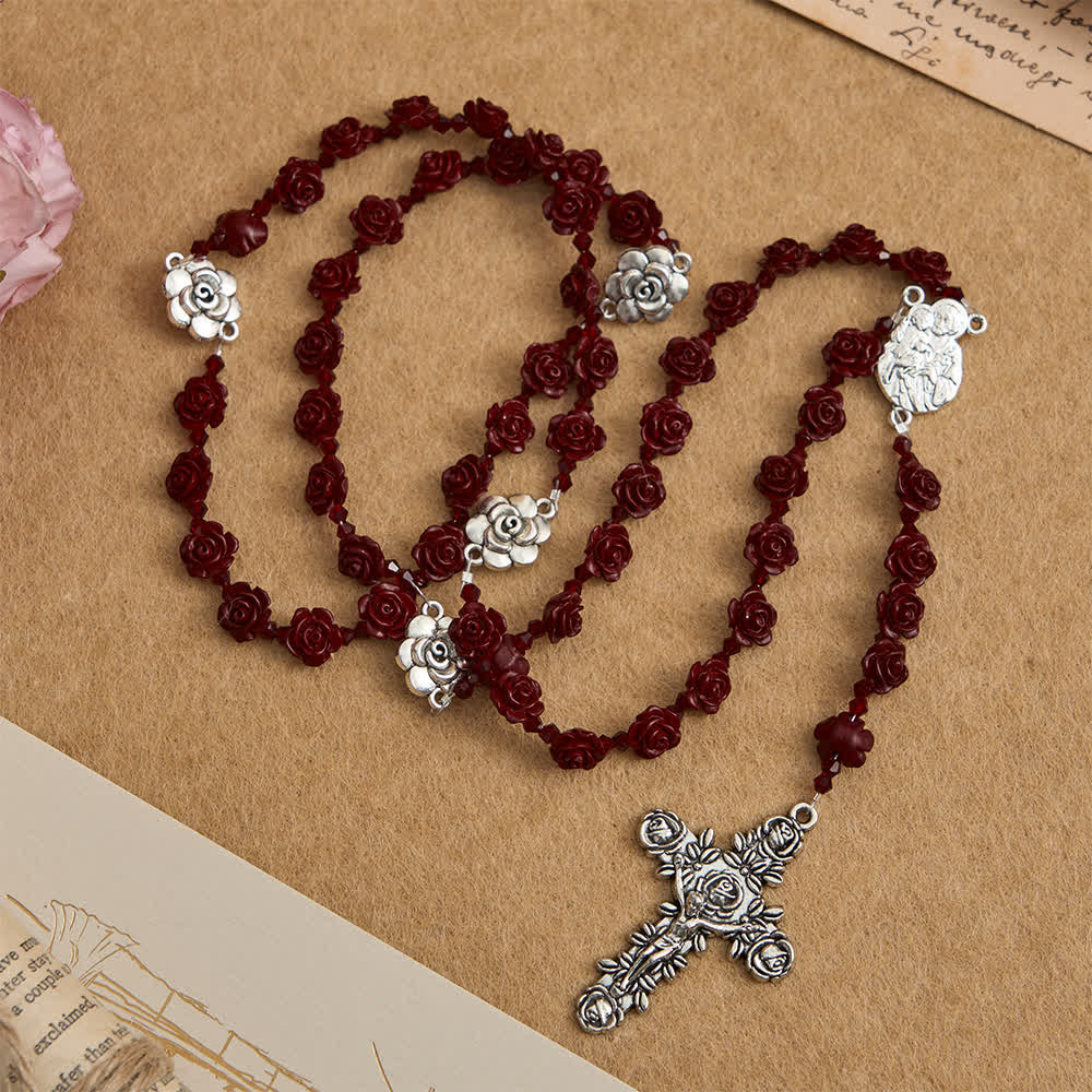 Christianartworkshop Cinnabar Wine Red Rose Beads Rosary with Holy Family Centerpiece - image 3
