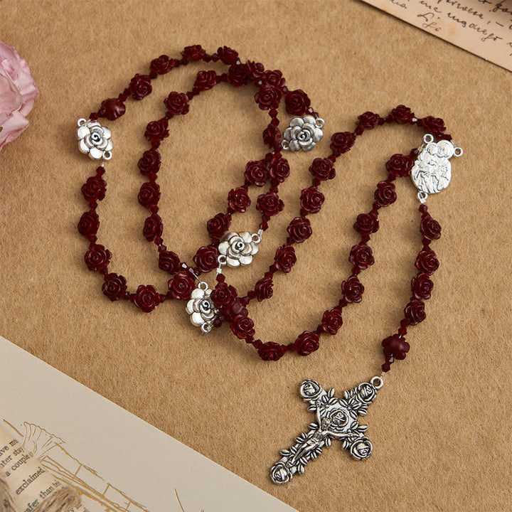 Christianartworkshop Cinnabar Wine Red Rose Beads Rosary with Holy Family Centerpiece - image 3