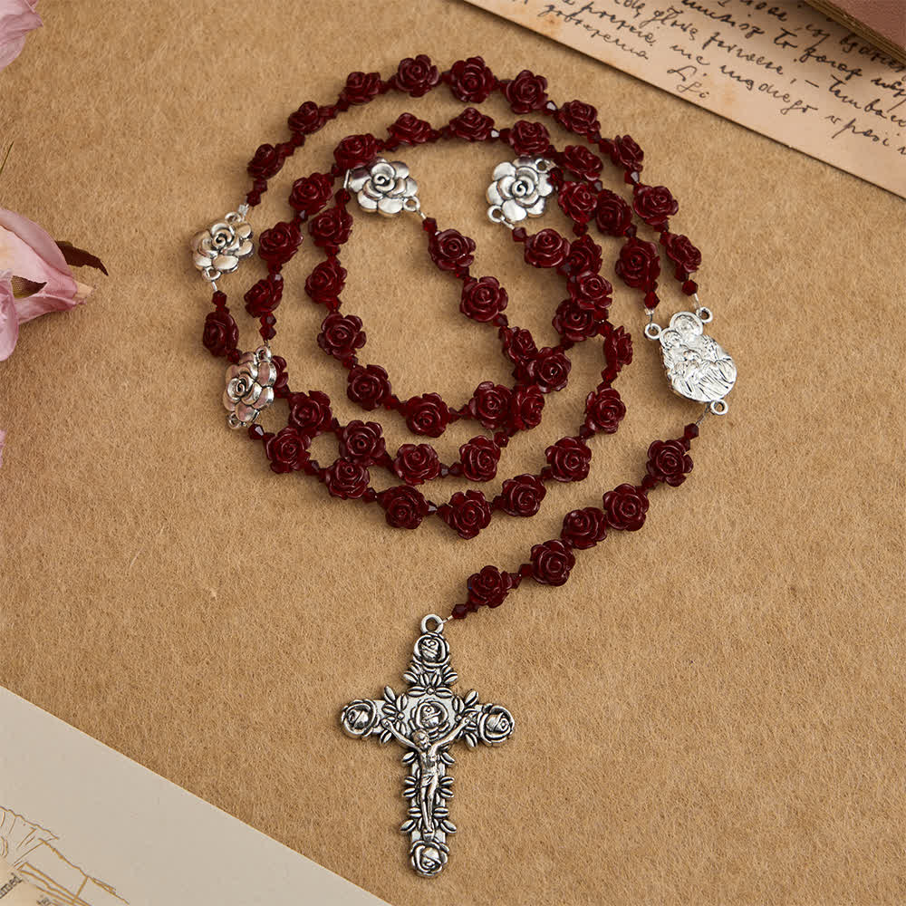 Christianartworkshop Cinnabar Wine Red Rose Beads Rosary with Holy Family Centerpiece - image 1