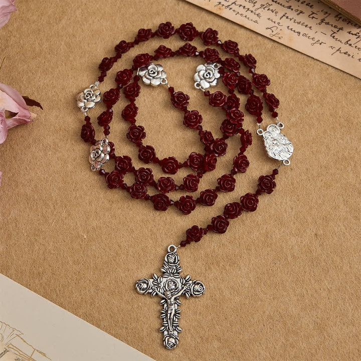 Christianartworkshop Cinnabar Wine Red Rose Beads Rosary with Holy Family Centerpiece - image 1