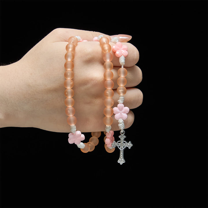 Christianartworkshop Peach Orange Frosted Beads Pink Camellia Rosary: the Purity of Spring Blossoms - image 1