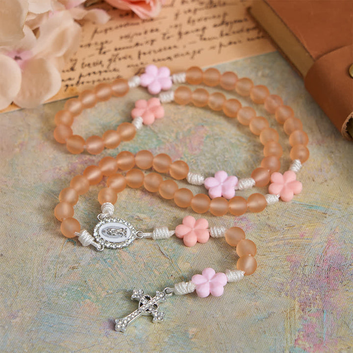 Christianartworkshop Peach Orange Frosted Beads Pink Camellia Rosary: the Purity of Spring Blossoms - Our Lady & Crucifix - image 0