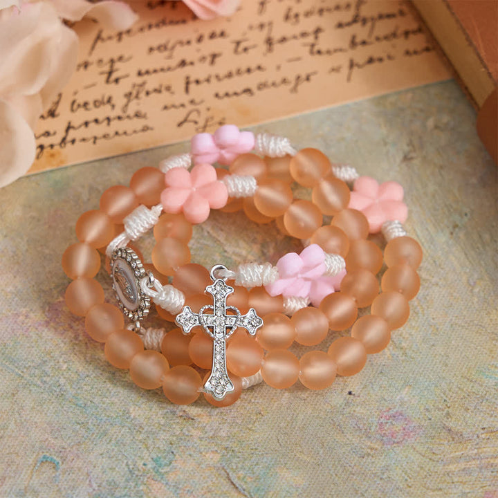 Christianartworkshop Peach Orange Frosted Beads Pink Camellia Rosary: the Purity of Spring Blossoms - image 2