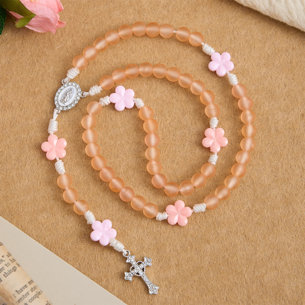 Christianartworkshop Peach Orange Frosted Beads Pink Camellia Rosary: the Purity of Spring Blossoms - image 4
