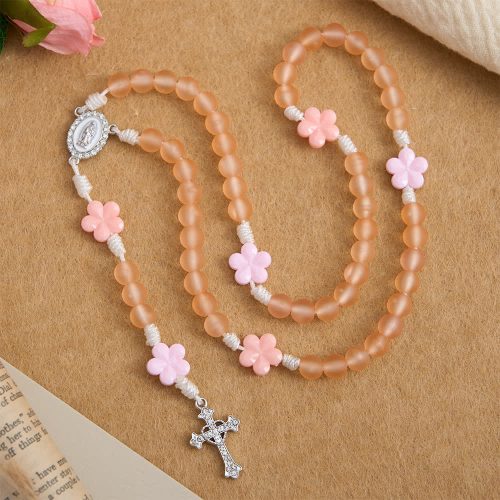 Christianartworkshop Peach Orange Frosted Beads Pink Camellia Rosary: the Purity of Spring Blossoms - image 3