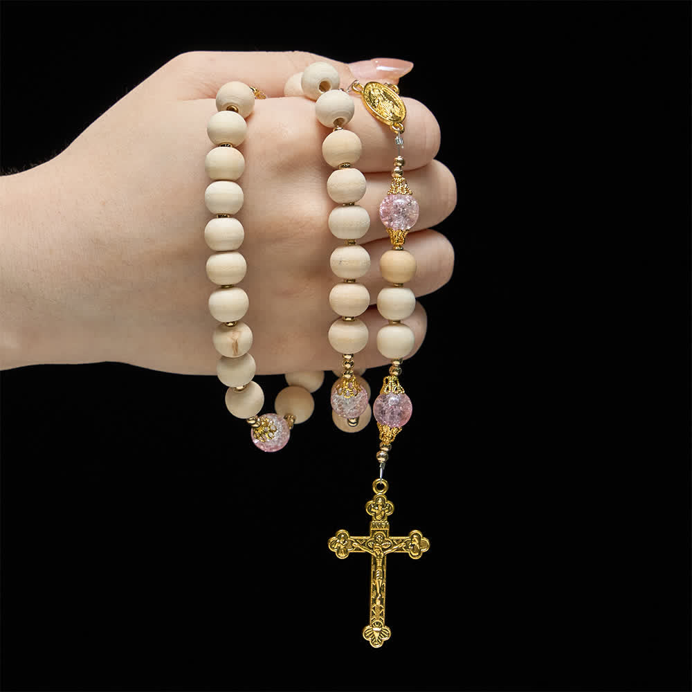 Christianartworkshop Natural Wood & Pink Crackle Glass Rosary with Our Lady Pendant - image 1