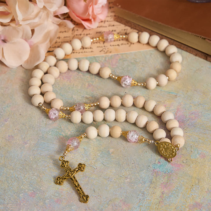 Christianartworkshop Natural Wood & Pink Crackle Glass Rosary with Our Lady Pendant - image 3