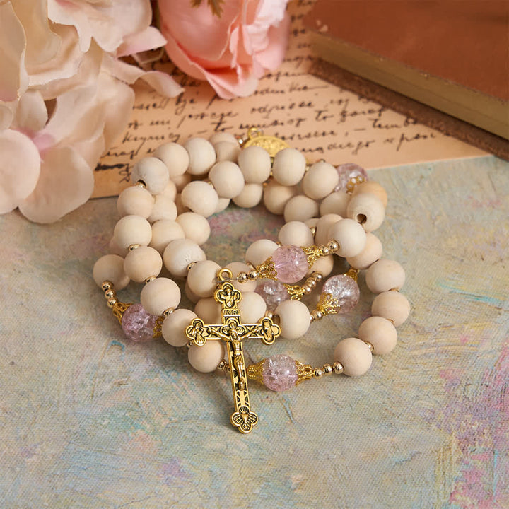 Christianartworkshop Natural Wood & Pink Crackle Glass Rosary with Our Lady Pendant - image 4