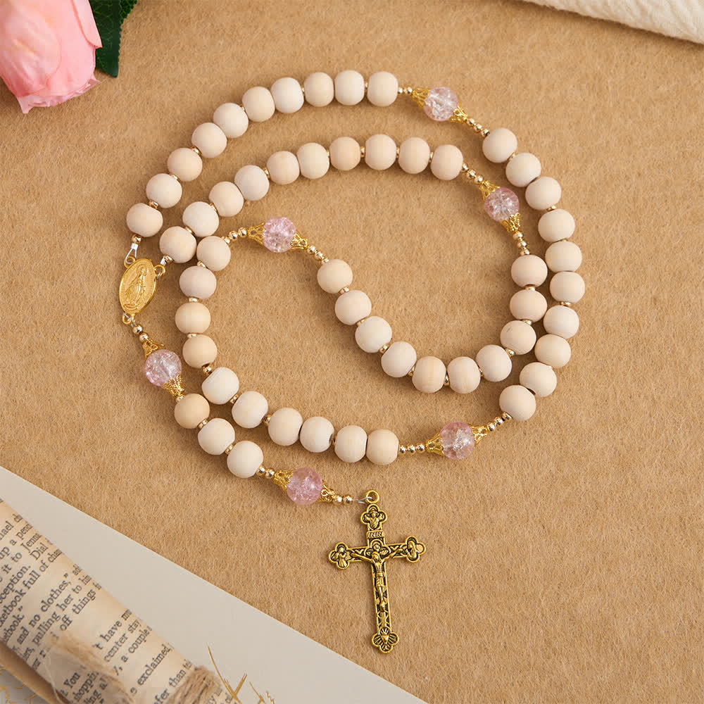 Christianartworkshop Natural Wood & Pink Crackle Glass Rosary with Our Lady Pendant - Our Lady & Crucifix - image 0