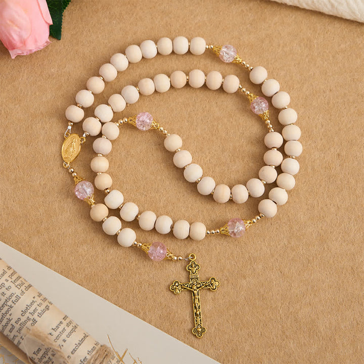Christianartworkshop Natural Wood & Pink Crackle Glass Rosary with Our Lady Pendant - Our Lady & Crucifix - image 0
