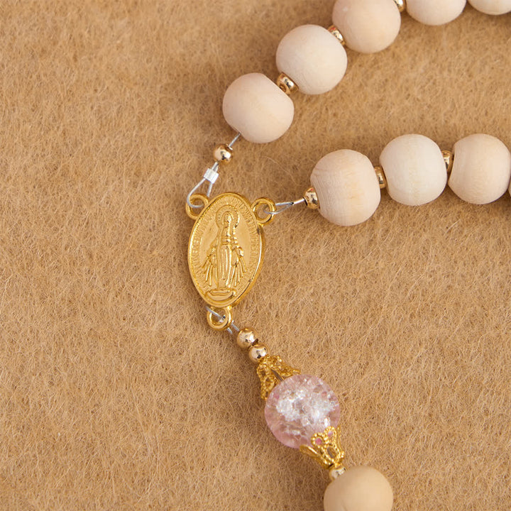 Christianartworkshop Natural Wood & Pink Crackle Glass Rosary with Our Lady Pendant - image 6