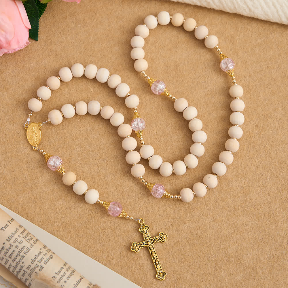 Christianartworkshop Natural Wood & Pink Crackle Glass Rosary with Our Lady Pendant - image 2