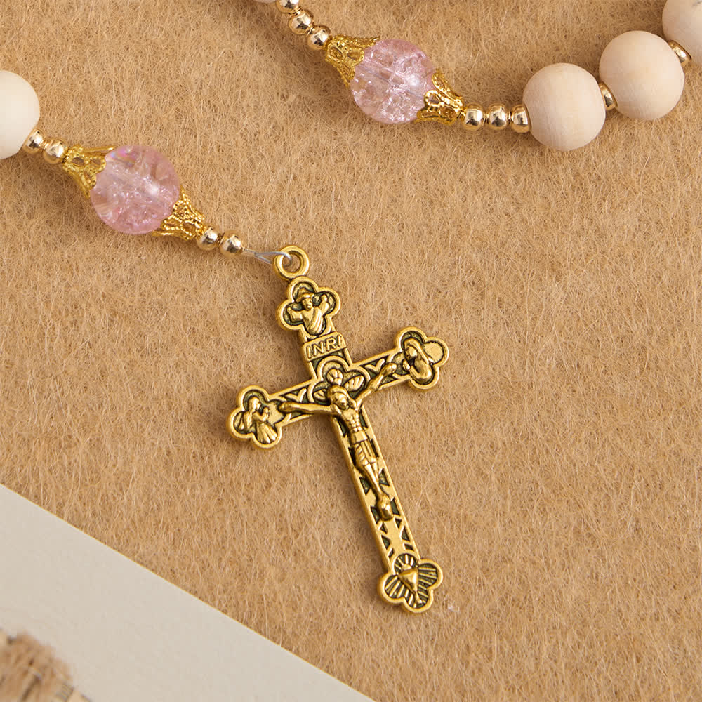 Christianartworkshop Natural Wood & Pink Crackle Glass Rosary with Our Lady Pendant - image 7