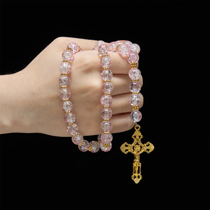 Christianartworkshop Pink & White Crackle Glass Rosary with Ornate Crucifix - image 1