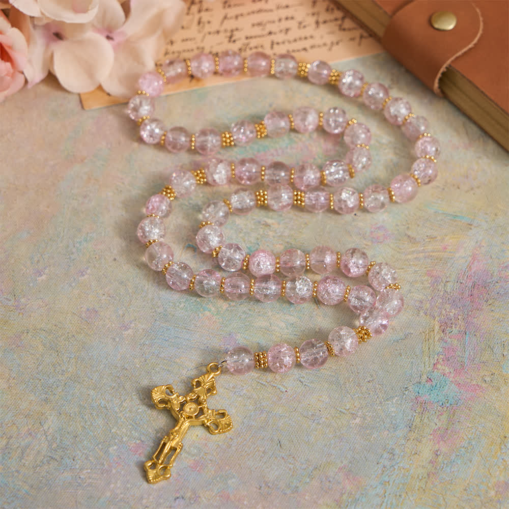 Christianartworkshop Pink & White Crackle Glass Rosary with Ornate Crucifix - image 3