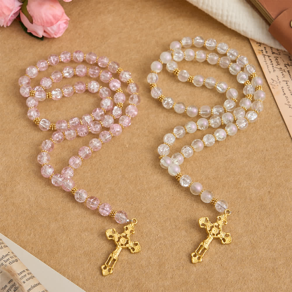 Christianartworkshop Pink & White Crackle Glass Rosary with Ornate Crucifix - image 2