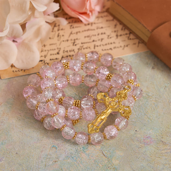 FREE Today: Pink & White Crackle Glass Rosary with Ornate Crucifix - image 5
