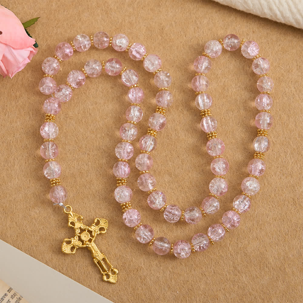 Christianartworkshop Pink & White Crackle Glass Rosary with Ornate Crucifix - Pink - image 0
