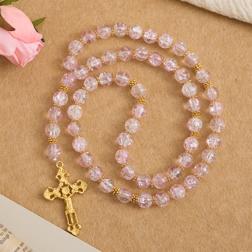 Christianartworkshop Pink & White Crackle Glass Rosary with Ornate Crucifix - image 4