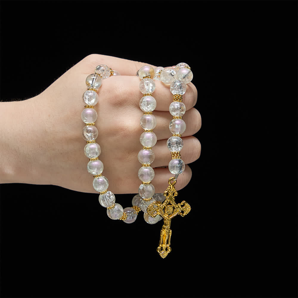 Christianartworkshop Pink & White Crackle Glass Rosary with Ornate Crucifix - image 8
