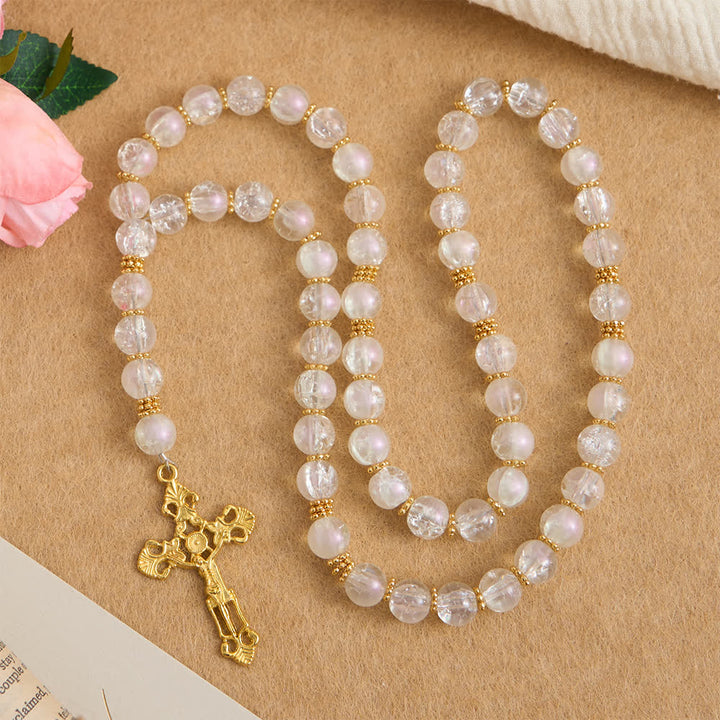 Christianartworkshop Pink & White Crackle Glass Rosary with Ornate Crucifix - image 11
