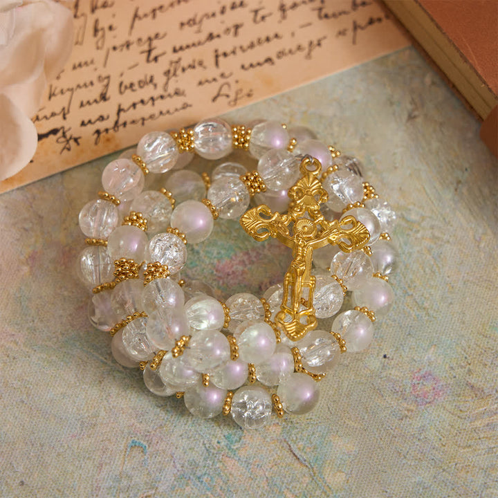 Christianartworkshop Pink & White Crackle Glass Rosary with Ornate Crucifix - image 12