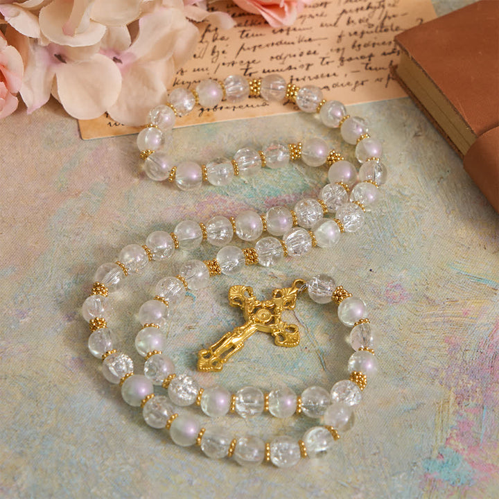 Christianartworkshop Pink & White Crackle Glass Rosary with Ornate Crucifix - image 9