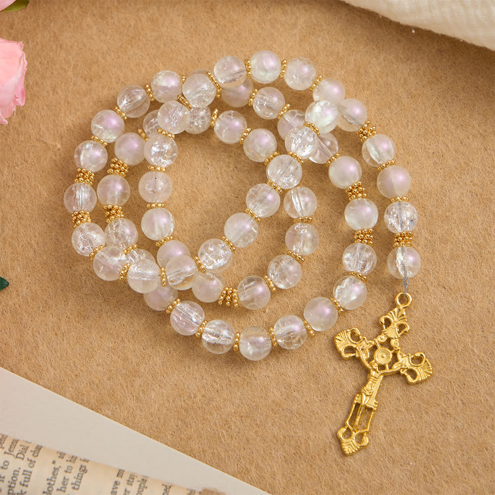 Christianartworkshop Pink & White Crackle Glass Rosary with Ornate Crucifix - White - image 7
