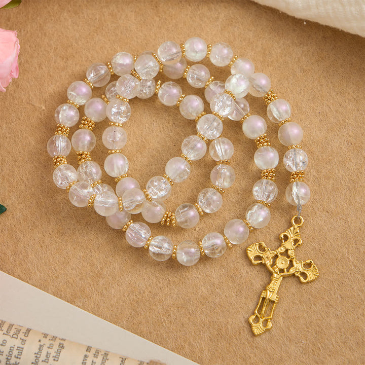Christianartworkshop Pink & White Crackle Glass Rosary with Ornate Crucifix - White - image 7