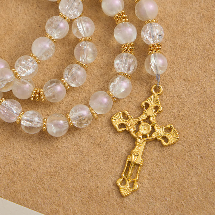 Christianartworkshop Pink & White Crackle Glass Rosary with Ornate Crucifix - image 13