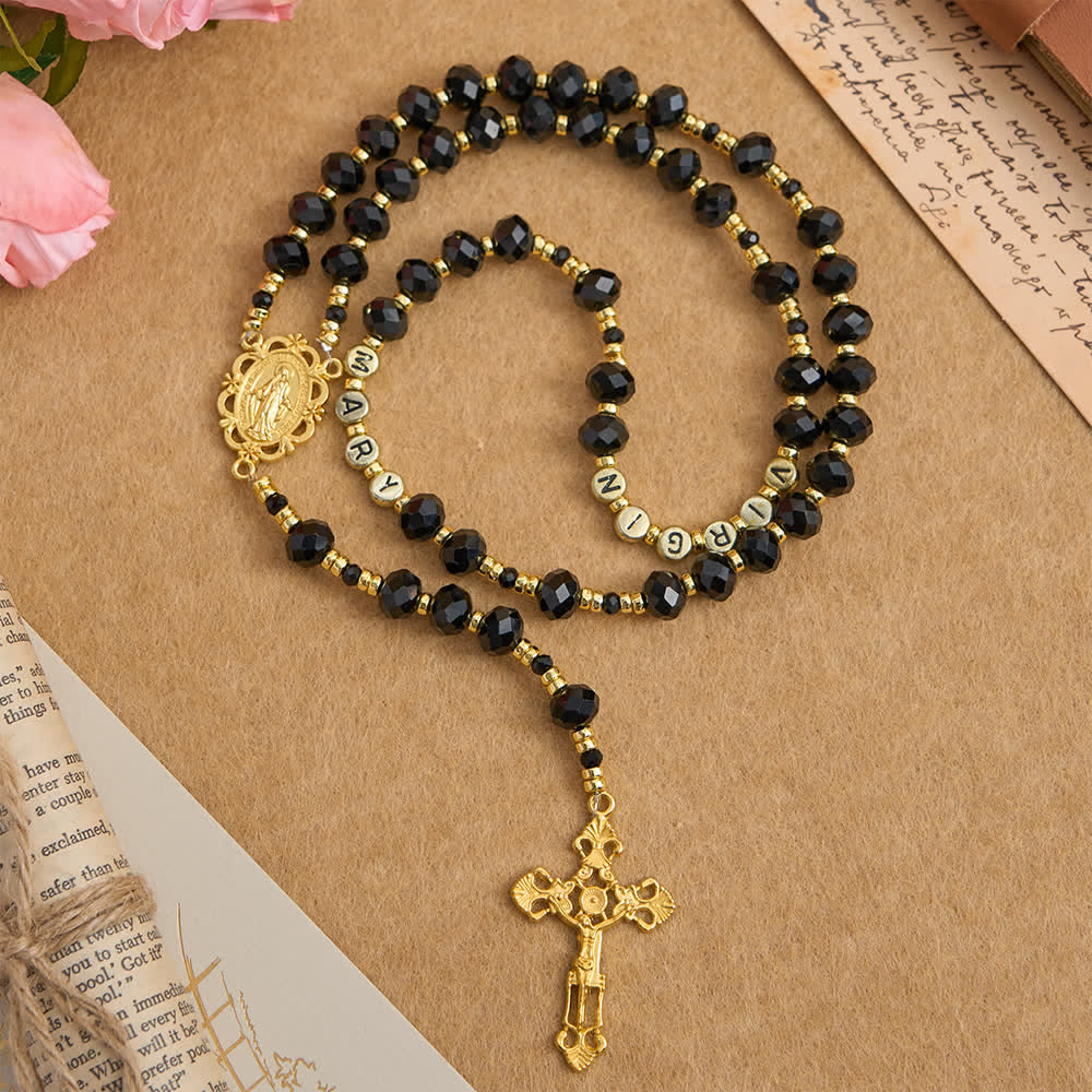 Christianartworkshop Black Faceted Glass Virgin Mary Rosary with Custom Name Letters for Mom - Virgin Mary - image 0