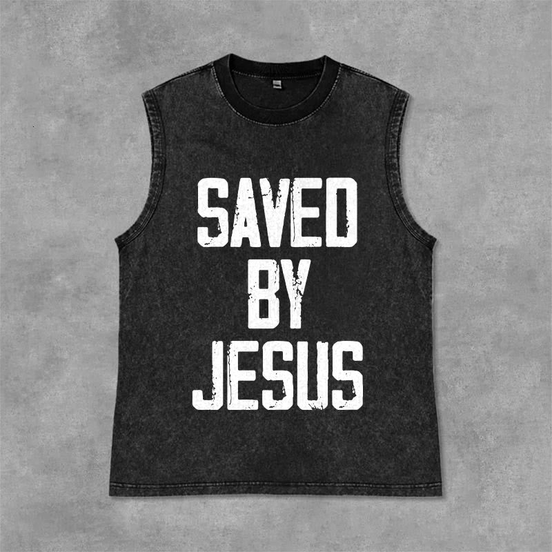 Christianartworkshop Saved By Jesus Unisex Washed Tank Top - Black - 2XL - image 9