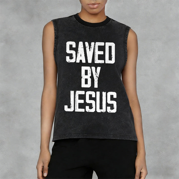 Christianartworkshop Saved By Jesus Unisex Washed Tank Top - image 11