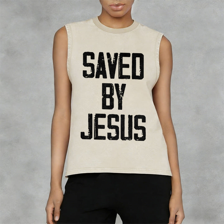 Christianartworkshop Saved By Jesus Unisex Washed Tank Top - image 8