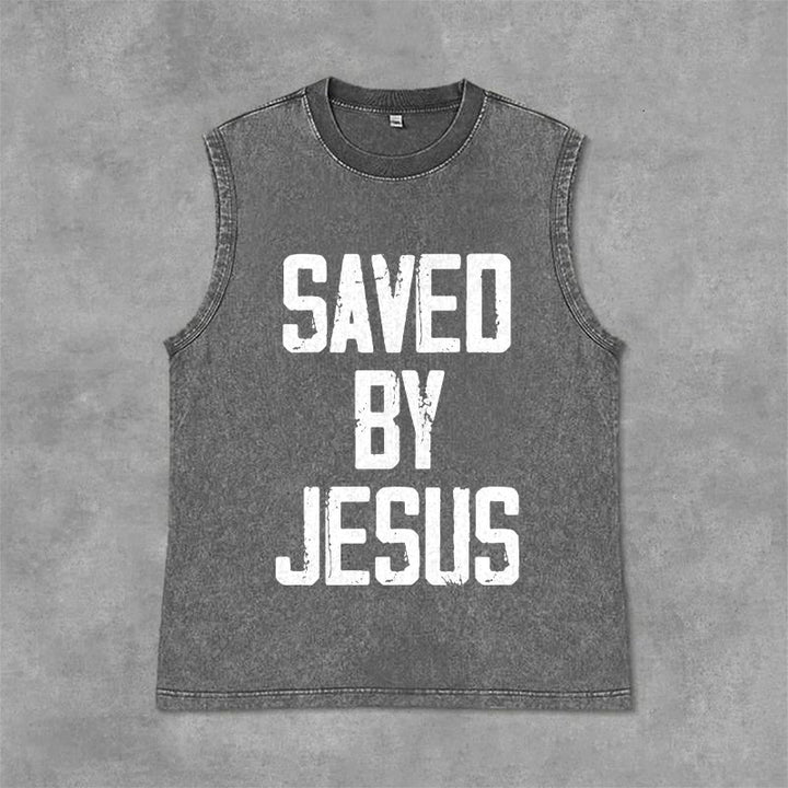 Christianartworkshop Saved By Jesus Unisex Washed Tank Top - Grey - 2XL - image 3