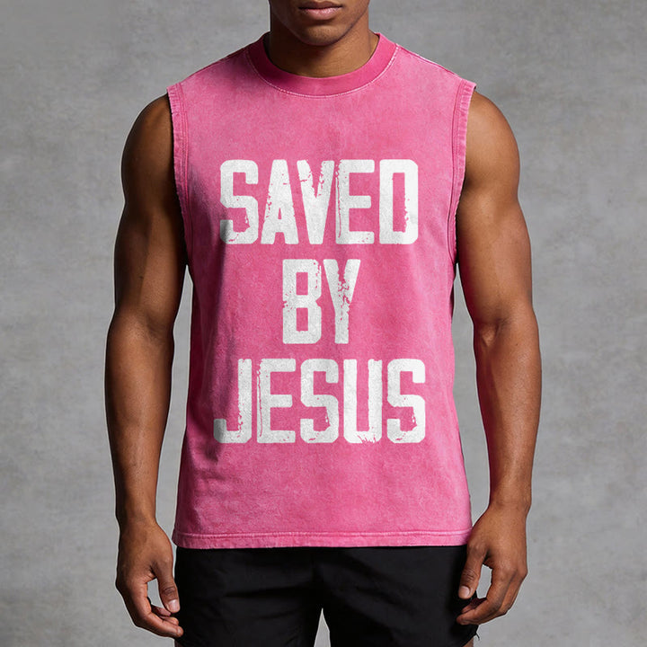 Christianartworkshop Saved By Jesus Unisex Washed Tank Top - image 13
