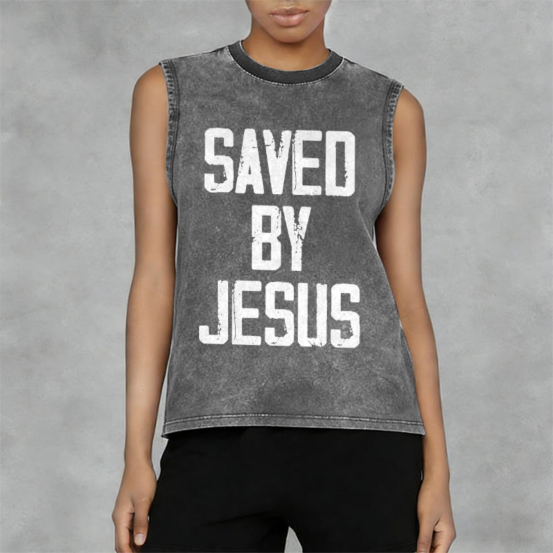 Christianartworkshop Saved By Jesus Unisex Washed Tank Top - image 5