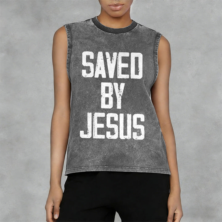 Christianartworkshop Saved By Jesus Unisex Washed Tank Top - image 6