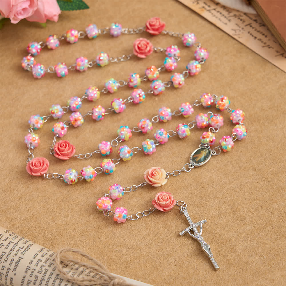 Christianartworkshop Easter Pink Rose & Sparkling Multicolor Diamond Beads Rosary with Divine Mercy - image 6