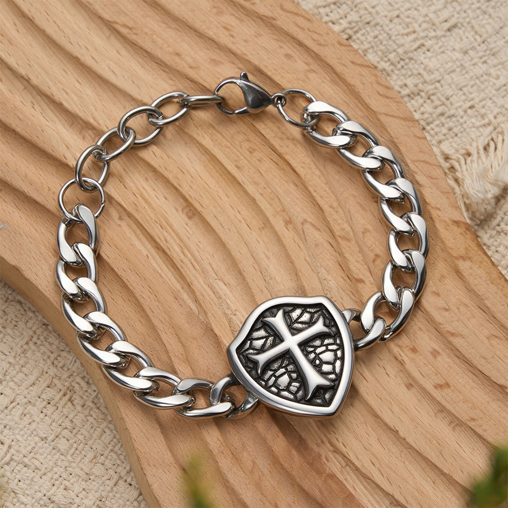 Christianartworkshop Heavy Link Textured Shield Cross Bracelet: Symbol Of Unwavering Belief & Style - Shield Cross - image 0