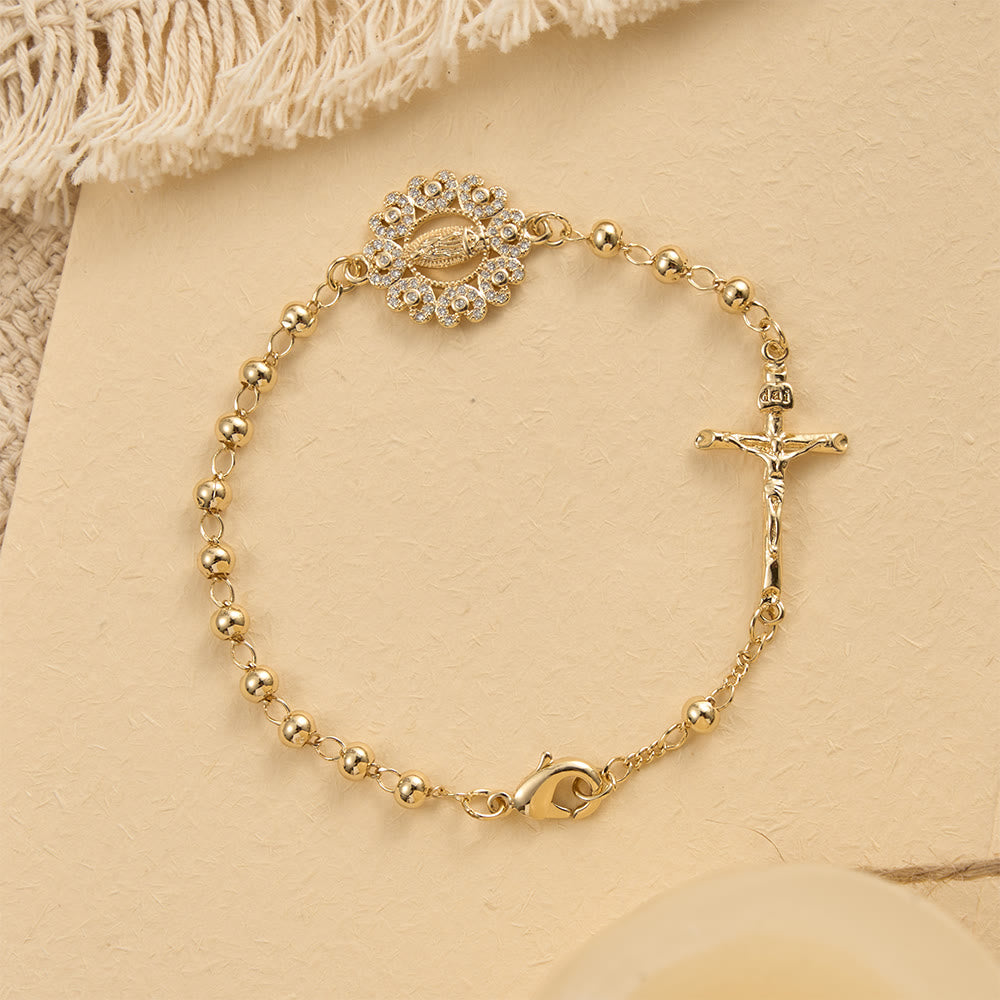Christianartworkshop Floral Zircon Our Lady Charm & Crucifix Bracelet: An Elegant Emblem of Sacred Protection - Our Lady & Crucifix - image 0